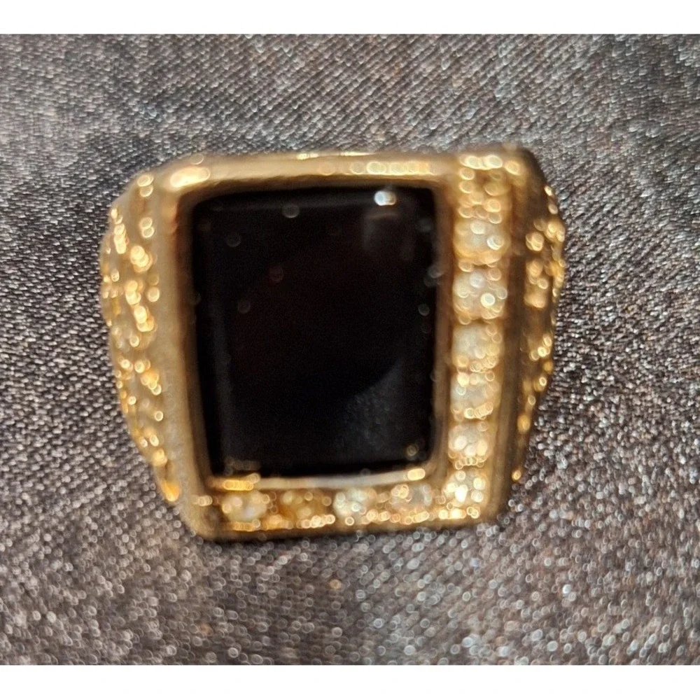 Mens Gold Tone Nugget Signet Ring Black Onyx Style Stone Rhinestones Size 9